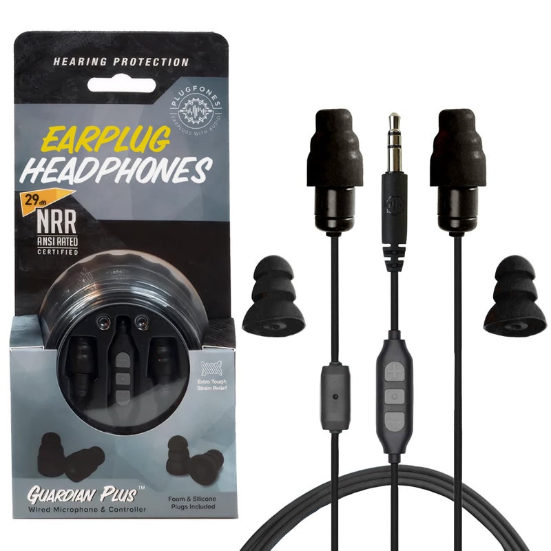Plugfones Guardian Plus in-Ear Earplug Earbud Hybrid - Noise Reduction in-Ear Headphones with Noise Isolating Mic and Controls (Black) - Image 1
